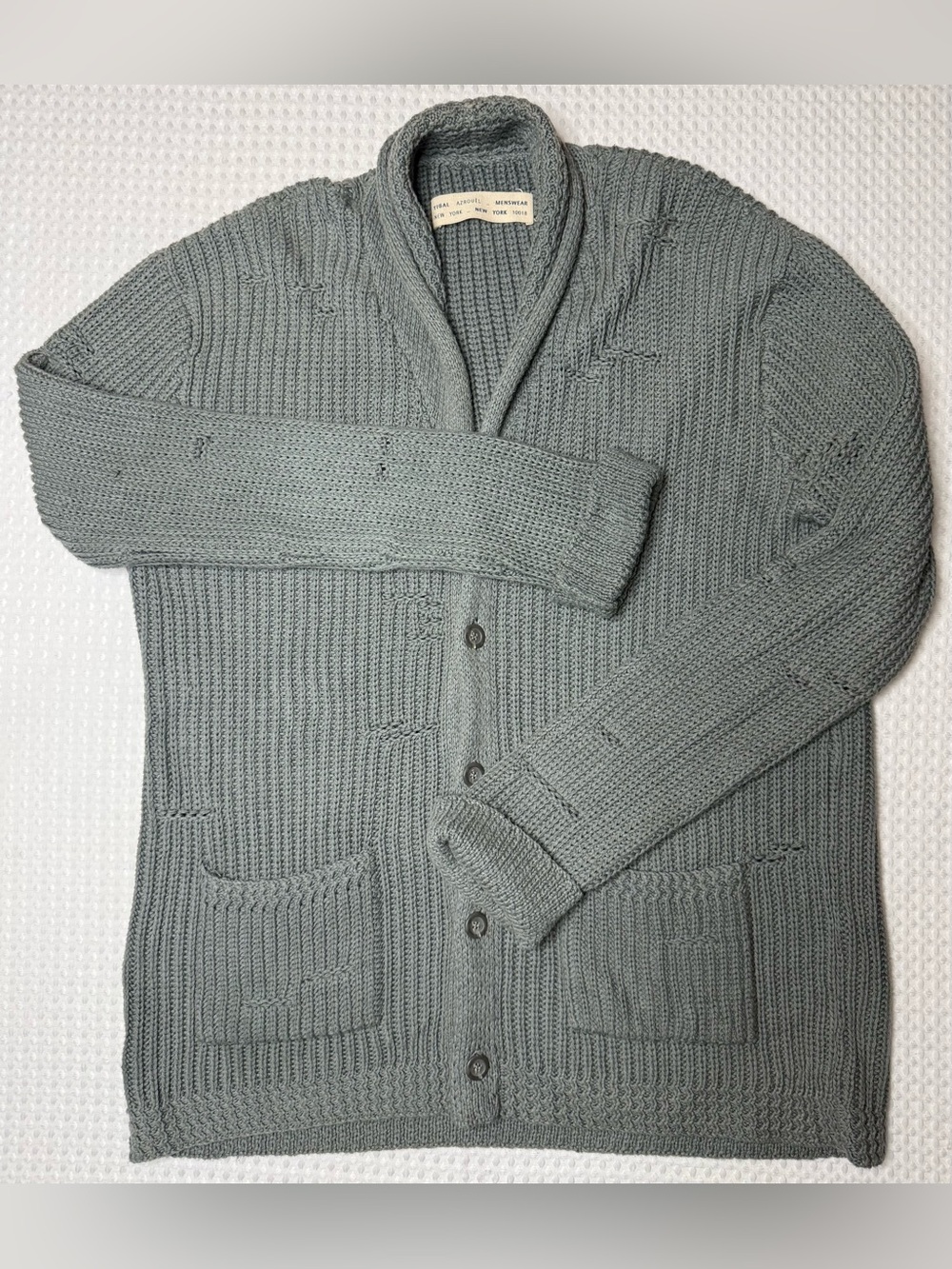 Yigal Azrouel Men's Cardigan Sweater Shawl Collar LG Cotton Distressed Rib Knit